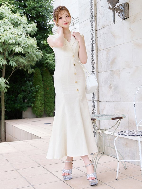 画像2: マーメイドロングドレス/ボタン/フレンチスリーブ/衿/ツイード/谷間見せ/背中隠し/キャバドレス【XS-Lサイズ/1カラー】[OF01A] 【SB】dzwu (2)