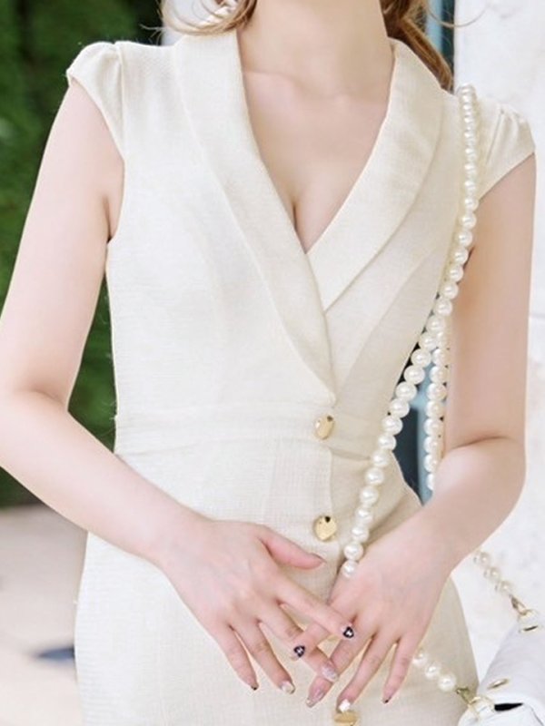 画像4: マーメイドロングドレス/ボタン/フレンチスリーブ/衿/ツイード/谷間見せ/背中隠し/キャバドレス【XS-Lサイズ/1カラー】[OF01A] 【SB】dzwu (4)