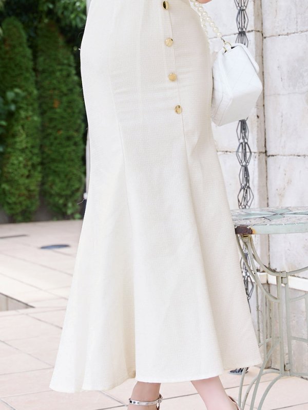 画像5: マーメイドロングドレス/ボタン/フレンチスリーブ/衿/ツイード/谷間見せ/背中隠し/キャバドレス【XS-Lサイズ/1カラー】[OF01A] 【SB】dzwu (5)