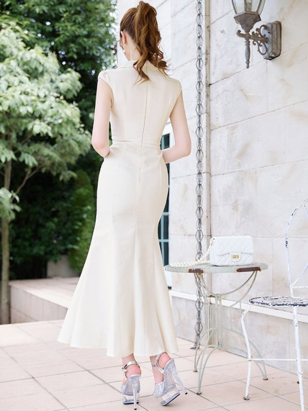 画像6: マーメイドロングドレス/ボタン/フレンチスリーブ/衿/ツイード/谷間見せ/背中隠し/キャバドレス【XS-Lサイズ/1カラー】[OF01A] 【SB】dzwu (6)