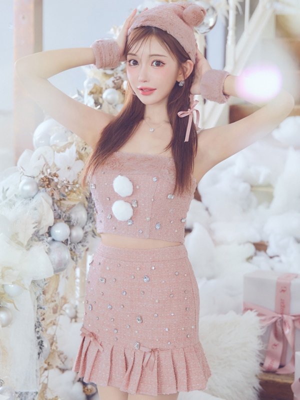 画像6: 【ノベルティ対象】【即日発送！】【サンタコス 4点セット】【XS-Lサイズ/1カラー】チェックセットアップビジューサンタコスプレ[YMT] (6)