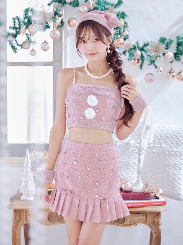 画像16: 【ノベルティ対象】【即日発送！】【サンタコス 4点セット】【XS-Lサイズ/1カラー】チェックセットアップビジューサンタコスプレ[YMT] (16)