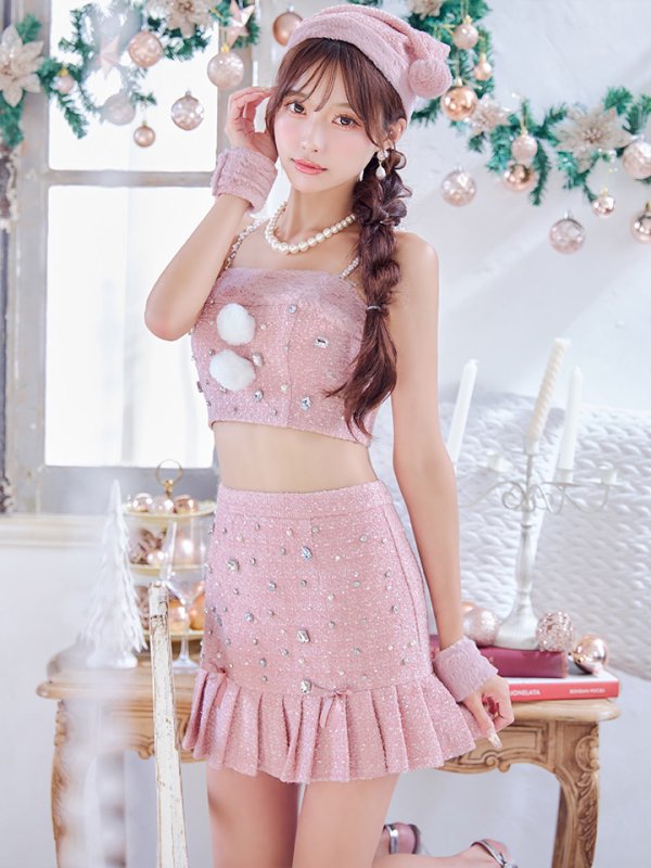 画像2: 【ノベルティ対象】【即日発送！】【サンタコス 4点セット】【XS-Lサイズ/1カラー】チェックセットアップビジューサンタコスプレ[YMT] (2)