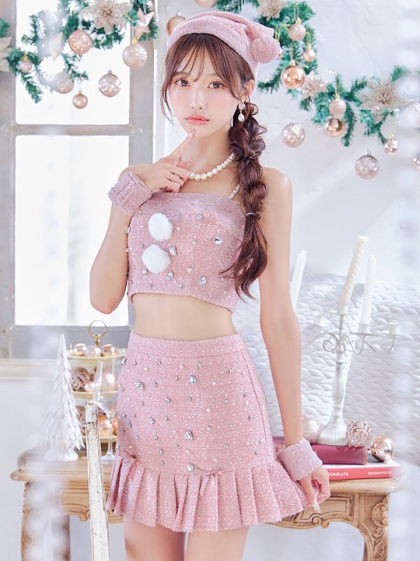 画像3: 【ノベルティ対象】【即日発送！】【サンタコス 4点セット】【XS-Lサイズ/1カラー】チェックセットアップビジューサンタコスプレ[YMT] (3)