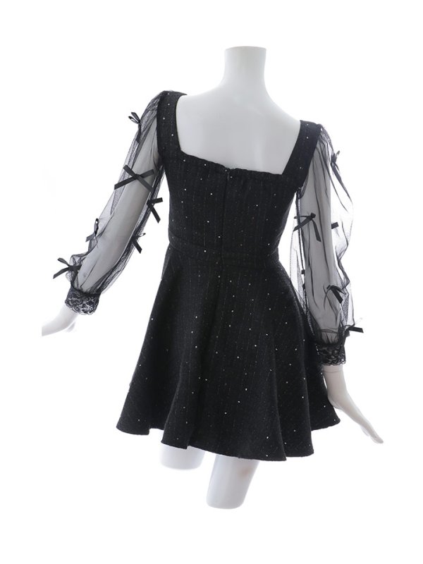 画像14: シアー長袖リボンツイードフレアワンピース/キャバドレス【XS-XLサイズ/1カラー】[OF01A] 【SB】dzco (14)