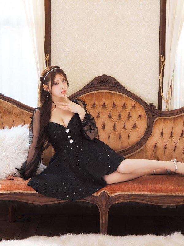 画像10: シアー長袖リボンツイードフレアワンピース/キャバドレス【XS-XLサイズ/1カラー】[OF01A] 【SB】dzco (10)