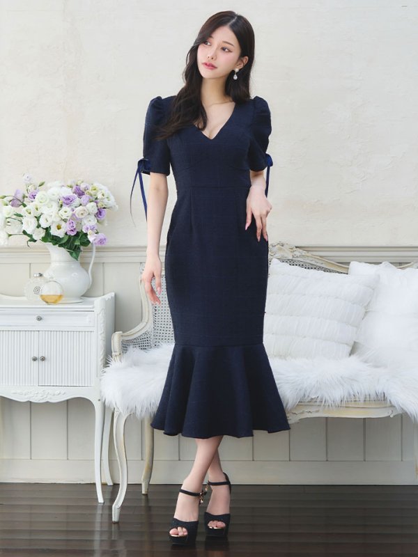 画像3: 【sifeel/シフィール】ツイードマーメイドドレス/Vネック/リボン/谷間見せ/背中隠し/ミディアムドレス/キャバドレス【S-Lサイズ/2カラー】[OF01A] 【SB】dzcv (3)