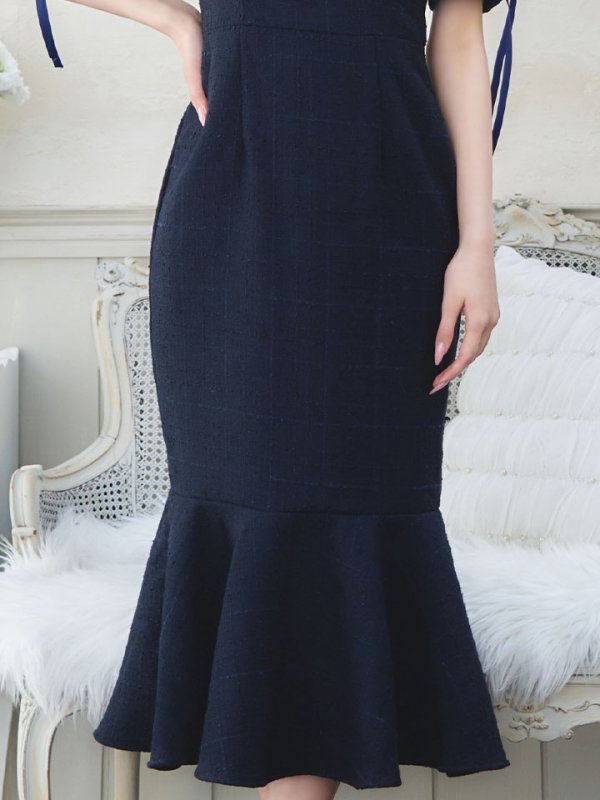 画像6: 【sifeel/シフィール】ツイードマーメイドドレス/Vネック/リボン/谷間見せ/背中隠し/ミディアムドレス/キャバドレス【S-Lサイズ/2カラー】[OF01A] 【SB】dzcv (6)