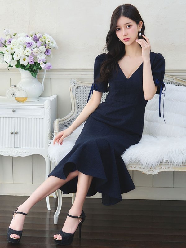 画像13: 【sifeel/シフィール】ツイードマーメイドドレス/Vネック/リボン/谷間見せ/背中隠し/ミディアムドレス/キャバドレス【S-Lサイズ/2カラー】[OF01A] 【SB】dzcv (13)