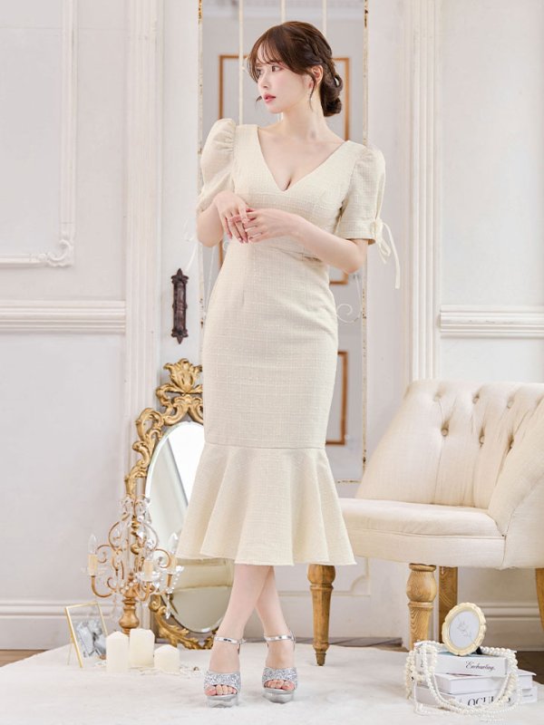 画像3: 【sifeel/シフィール】ツイードマーメイドドレス/Vネック/リボン/谷間見せ/背中隠し/ミディアムドレス/キャバドレス【S-Lサイズ/2カラー】[OF01A] 【SB】dzcv (3)