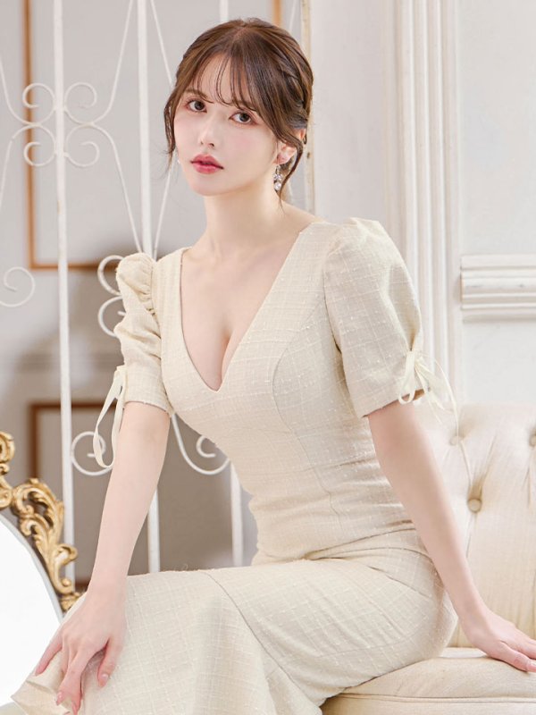 画像14: 【sifeel/シフィール】ツイードマーメイドドレス/Vネック/リボン/谷間見せ/背中隠し/ミディアムドレス/キャバドレス【S-Lサイズ/2カラー】[OF01A] 【SB】dzcv (14)