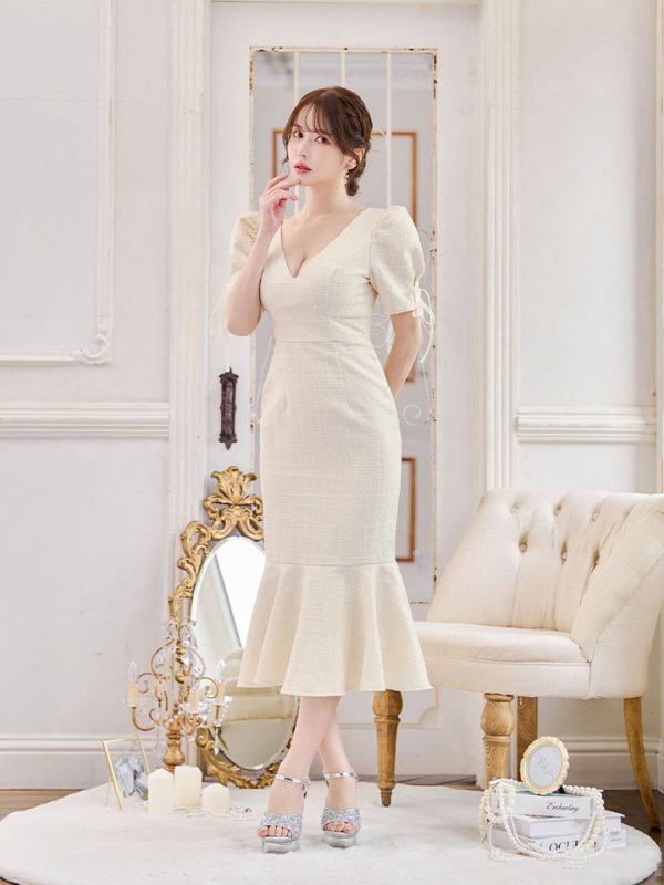 画像17: 【sifeel/シフィール】ツイードマーメイドドレス/Vネック/リボン/谷間見せ/背中隠し/ミディアムドレス/キャバドレス【S-Lサイズ/2カラー】[OF01A] 【SB】dzcv (17)