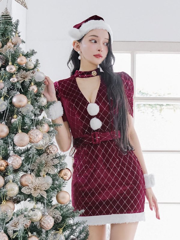 画像10: 【即日発送！】【サンタコス 4点セット】【XS-XLサイズ/2カラー】袖付きビジューベロアタイトサンタコスプレ[YMT] (10)