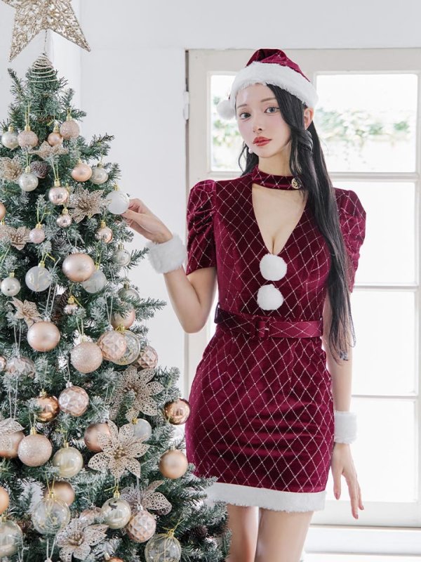 画像11: 【即日発送！】【サンタコス 4点セット】【XS-XLサイズ/2カラー】袖付きビジューベロアタイトサンタコスプレ[YMT] (11)