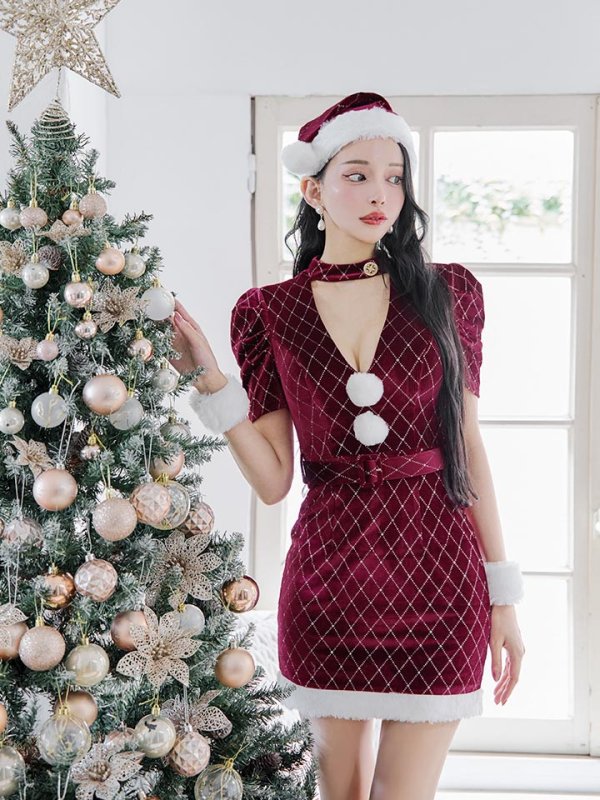 画像12: 【即日発送！】【サンタコス 4点セット】【XS-XLサイズ/2カラー】袖付きビジューベロアタイトサンタコスプレ[YMT] (12)