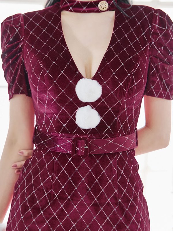 画像15: 【即日発送！】【サンタコス 4点セット】【XS-XLサイズ/2カラー】袖付きビジューベロアタイトサンタコスプレ[YMT] (15)