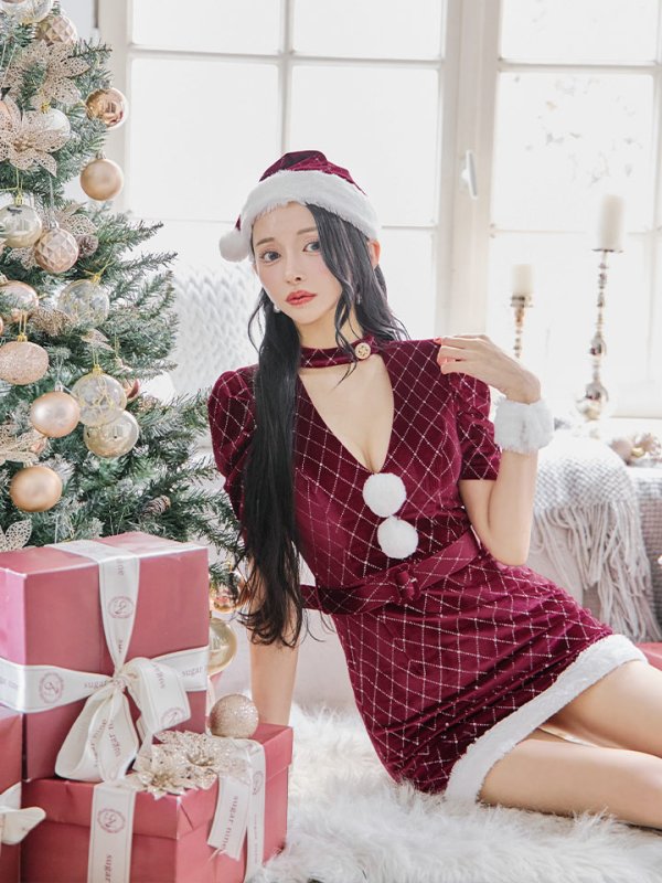 画像3: 【即日発送！】【サンタコス 4点セット】【XS-XLサイズ/2カラー】袖付きビジューベロアタイトサンタコスプレ[YMT] (3)