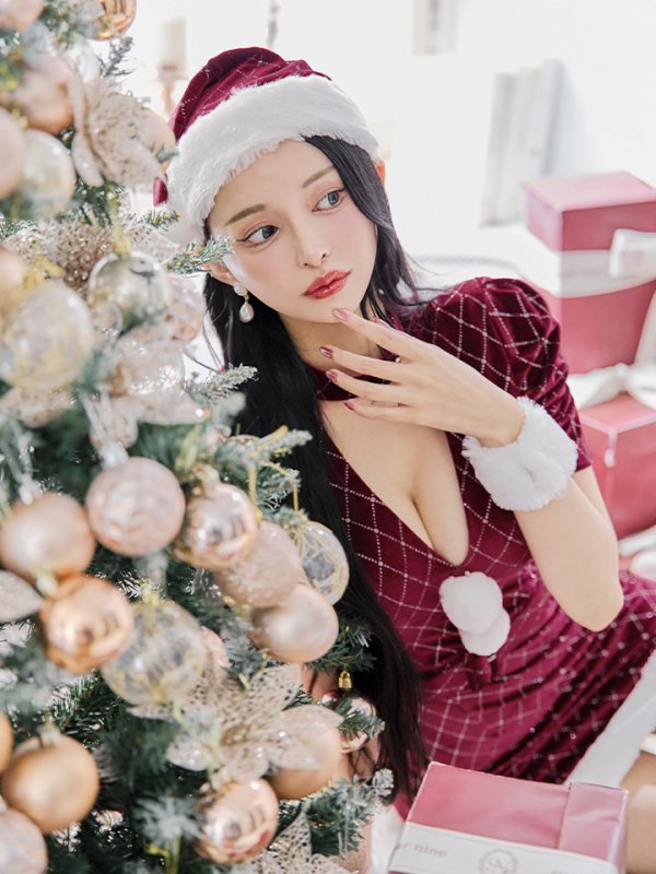 画像5: 【即日発送！】【サンタコス 4点セット】【XS-XLサイズ/2カラー】袖付きビジューベロアタイトサンタコスプレ[YMT] (5)