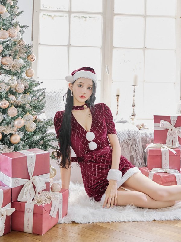 画像7: 【即日発送！】【サンタコス 4点セット】【XS-XLサイズ/2カラー】袖付きビジューベロアタイトサンタコスプレ[YMT] (7)