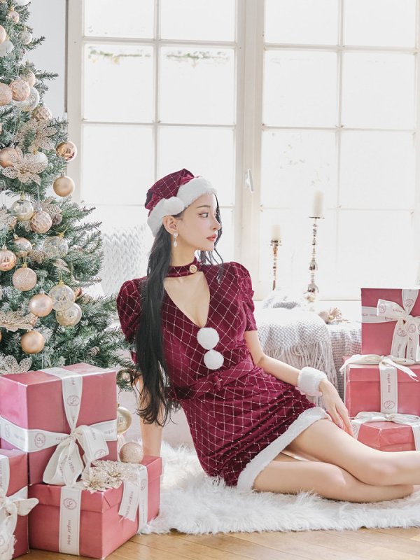 画像8: 【即日発送！】【サンタコス 4点セット】【XS-XLサイズ/2カラー】袖付きビジューベロアタイトサンタコスプレ[YMT] (8)