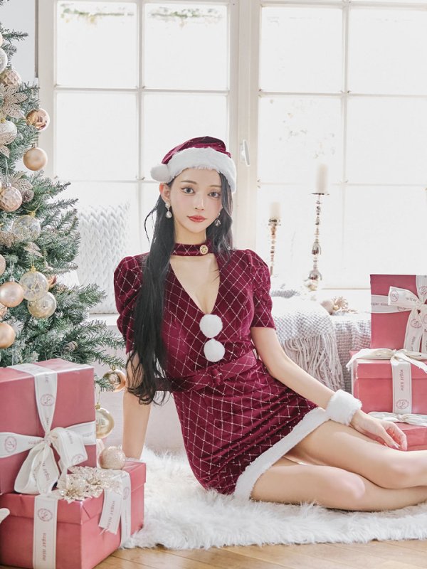 画像9: 【即日発送！】【サンタコス 4点セット】【XS-XLサイズ/2カラー】袖付きビジューベロアタイトサンタコスプレ[YMT] (9)