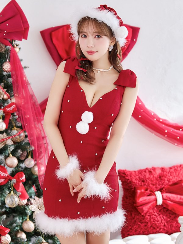 画像4: 【ノベルティ対象】【即日発送！】【サンタコス 4点セット】【XS-XLサイズ/3カラー】ショルダーリボンビジューサンタ[YMT] (4)