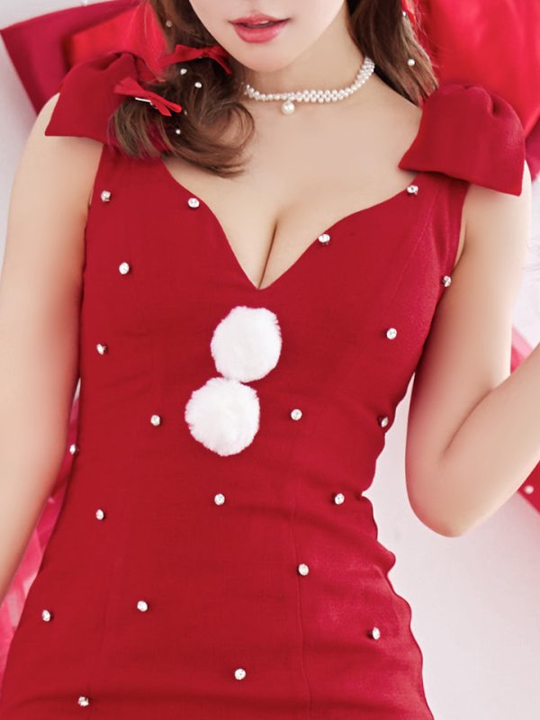 画像7: 【ノベルティ対象】【即日発送！】【サンタコス 4点セット】【XS-XLサイズ/3カラー】ショルダーリボンビジューサンタ[YMT] (7)