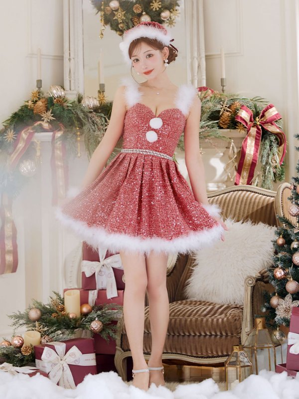 画像7: 【一部予約商品/11月中旬発送予定】【サンタコス 4点セット】【XS-XLサイズ/3カラー】ラメツイードミニワンピースサンタ[YMT] (7)