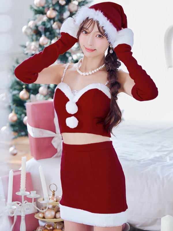 画像4: 【即日発送】【サンタコス 5点セット】【XS-Lサイズ/3カラー】オフショルダーロングスリーブセットアップサンタコスプレ[YMT] (4)