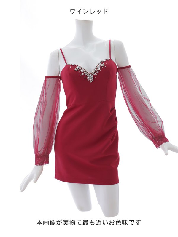 画像13: ビジューオフショルダーミニドレス/タック/ストレッチ/ロングスリーブ/谷間見せ/ミニドレス/キャバドレス【XS-XLサイズ/1カラー】[OF01A] 【SB】dzpg (13)