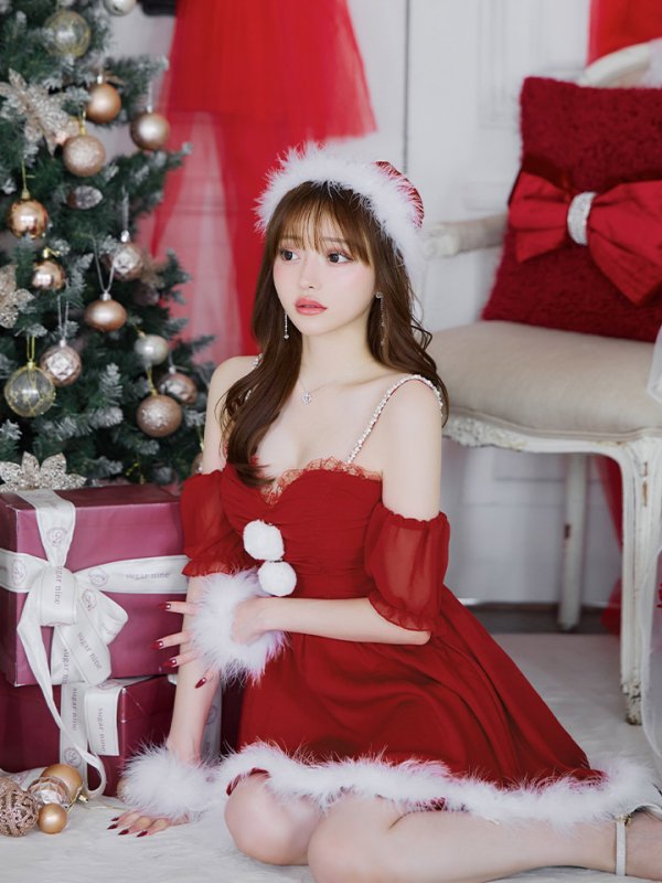 画像9: 【即日発送】【サンタコス 4点セット】【S-Lサイズ/1カラー】パフスリーブオフショルフレアサンタコスプレ[OF01] (9)