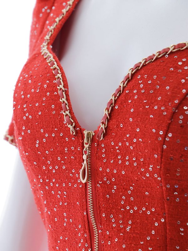 画像15: ツイードセットアップスパンコールドレス/2ピース/半袖/ジップアップ/プリーツスカート/谷間見せ/背中隠し/ミニドレス/キャバドレス【XS-XLサイズ/1カラー】[OF01A] 【SB】dzw (15)