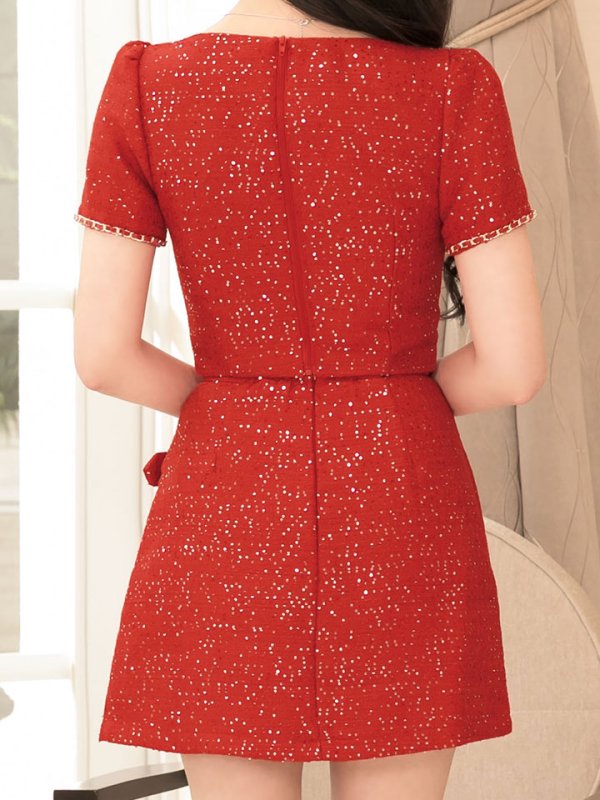 画像6: ツイードセットアップスパンコールドレス/2ピース/半袖/ジップアップ/プリーツスカート/谷間見せ/背中隠し/ミニドレス/キャバドレス【XS-XLサイズ/1カラー】[OF01A] 【SB】dzw (6)