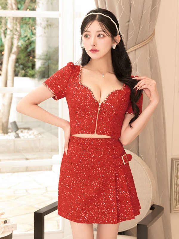 画像8: ツイードセットアップスパンコールドレス/2ピース/半袖/ジップアップ/プリーツスカート/谷間見せ/背中隠し/ミニドレス/キャバドレス【XS-XLサイズ/1カラー】[OF01A] 【SB】dzw (8)