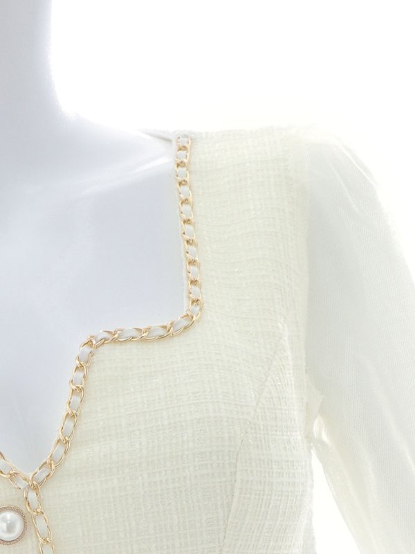 画像18: ツイードセットアップドレス/2ピース/チュール袖/パールボタン/谷間見せ/背中隠し/ミニドレス/キャバドレス 【S-XLサイズ/1カラー】[OF01A] 【SB】dzy (18)