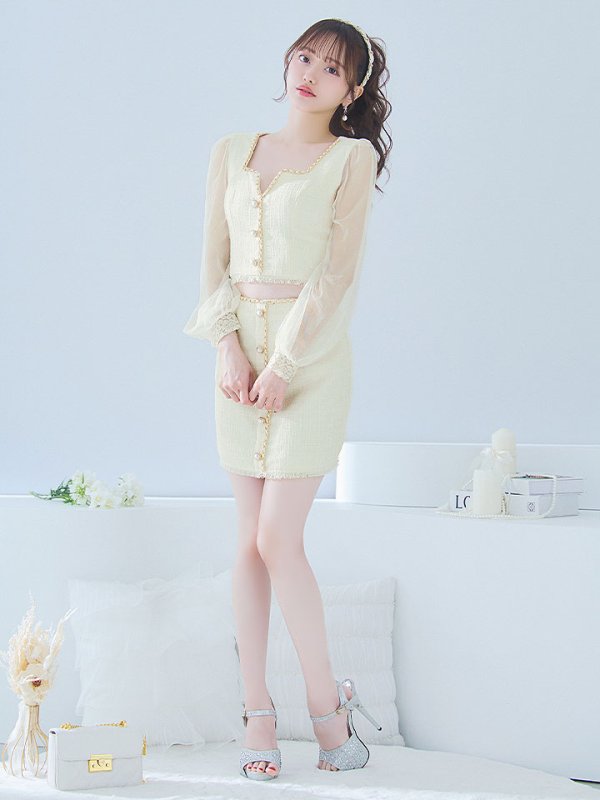 画像2: ツイードセットアップドレス/2ピース/チュール袖/パールボタン/谷間見せ/背中隠し/ミニドレス/キャバドレス 【S-XLサイズ/1カラー】[OF01A] 【SB】dzy (2)