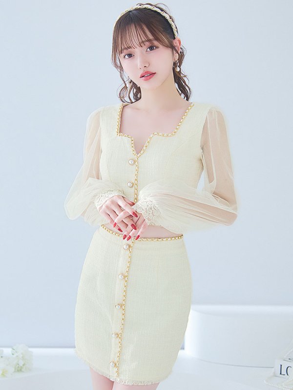 画像3: ツイードセットアップドレス/2ピース/チュール袖/パールボタン/谷間見せ/背中隠し/ミニドレス/キャバドレス 【S-XLサイズ/1カラー】[OF01A] 【SB】dzy (3)