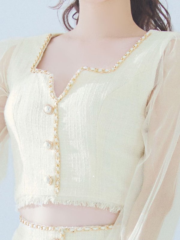 画像4: ツイードセットアップドレス/2ピース/チュール袖/パールボタン/谷間見せ/背中隠し/ミニドレス/キャバドレス 【S-XLサイズ/1カラー】[OF01A] 【SB】dzy (4)