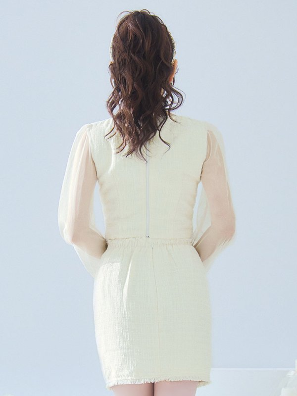 画像6: ツイードセットアップドレス/2ピース/チュール袖/パールボタン/谷間見せ/背中隠し/ミニドレス/キャバドレス 【S-XLサイズ/1カラー】[OF01A] 【SB】dzy (6)