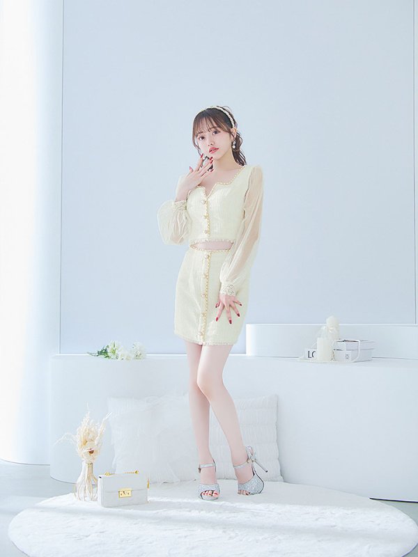 画像9: ツイードセットアップドレス/2ピース/チュール袖/パールボタン/谷間見せ/背中隠し/ミニドレス/キャバドレス 【S-XLサイズ/1カラー】[OF01A] 【SB】dzy (9)