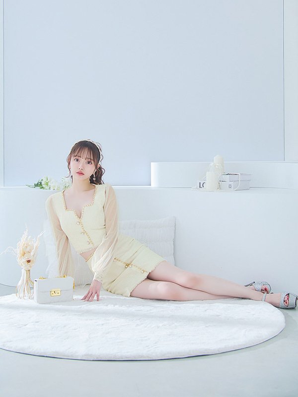 画像11: ツイードセットアップドレス/2ピース/チュール袖/パールボタン/谷間見せ/背中隠し/ミニドレス/キャバドレス 【S-XLサイズ/1カラー】[OF01A] 【SB】dzy (11)