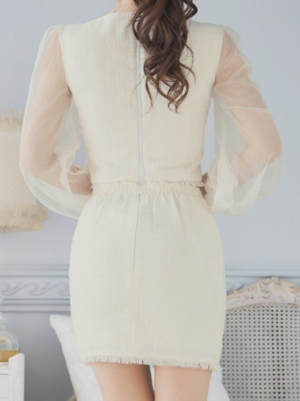 画像7: ツイードセットアップドレス/2ピース/チュール袖/パールボタン/谷間見せ/背中隠し/ミニドレス/キャバドレス 【S-XLサイズ/1カラー】[OF01A] 【SB】dzy (7)