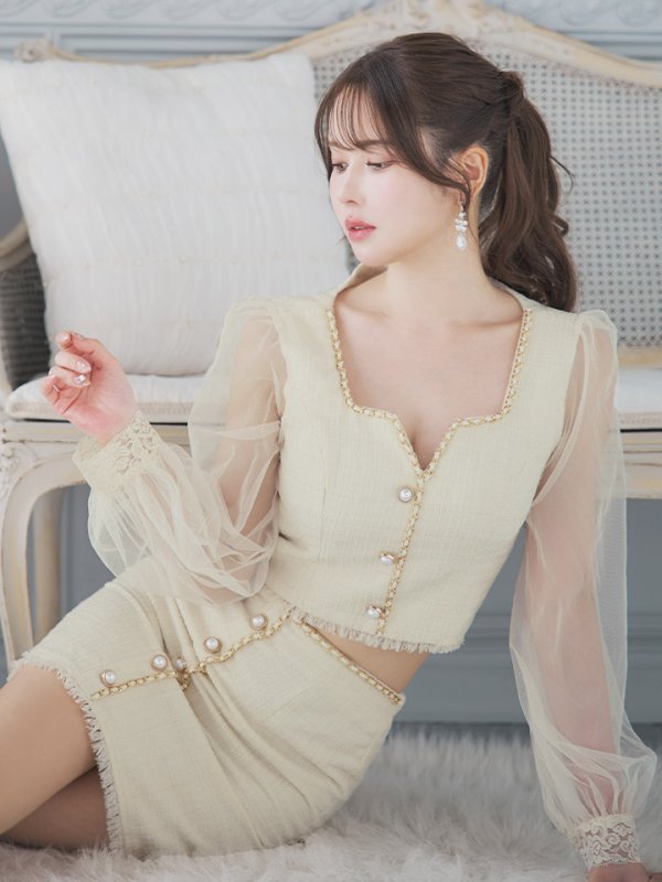 画像9: ツイードセットアップドレス/2ピース/チュール袖/パールボタン/谷間見せ/背中隠し/ミニドレス/キャバドレス 【S-XLサイズ/1カラー】[OF01A] 【SB】dzy (9)