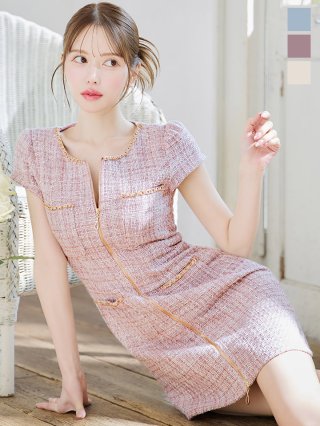 花柄刺繍クロスビジュードレス/スパンコール/フロントファスナー