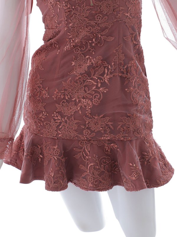 画像14: リボンショルダー刺繍レースドレス/チュール袖/スパンコール/ビジュー/マーメイド/谷間見せ/背中見せ/ミニドレス/キャバドレス【XS-Lサイズ/1カラー】[OF01A] 【SB】dzjo (14)