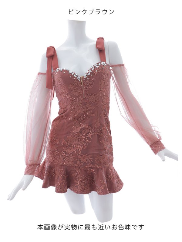 画像11: リボンショルダー刺繍レースドレス/チュール袖/スパンコール/ビジュー/マーメイド/谷間見せ/背中見せ/ミニドレス/キャバドレス【XS-Lサイズ/1カラー】[OF01A] 【SB】dzjo (11)