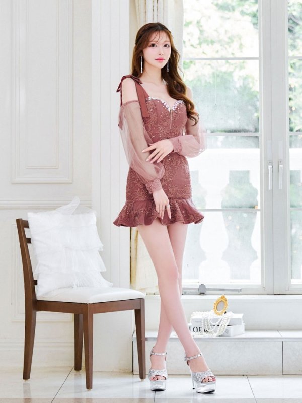 画像10: リボンショルダー刺繍レースドレス/チュール袖/スパンコール/ビジュー/マーメイド/谷間見せ/背中見せ/ミニドレス/キャバドレス【XS-Lサイズ/1カラー】[OF01A] 【SB】dzjo (10)