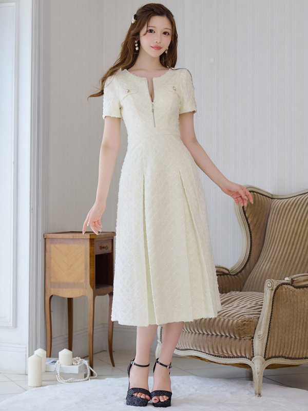 画像2: 新サイズ登場!【sifeel/シフィール】ツイードミディアムドレス/ジップアップ/パール/フレアスカート/背中隠し/キャバドレス【S-XLサイズ/1カラー】[OF01A] 【SB】dzj (2)