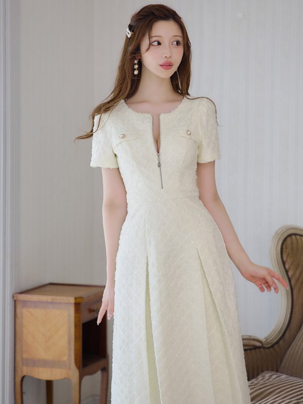 画像3: 新サイズ登場!【sifeel/シフィール】ツイードミディアムドレス/ジップアップ/パール/フレアスカート/背中隠し/キャバドレス【S-XLサイズ/1カラー】[OF01A] 【SB】dzj (3)