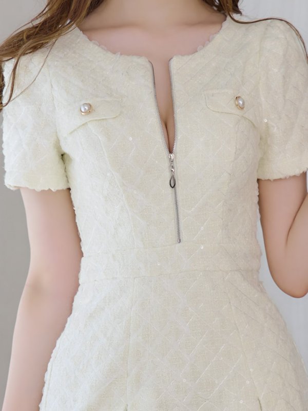 画像4: 新サイズ登場!【sifeel/シフィール】ツイードミディアムドレス/ジップアップ/パール/フレアスカート/背中隠し/キャバドレス【S-XLサイズ/1カラー】[OF01A] 【SB】dzj (4)